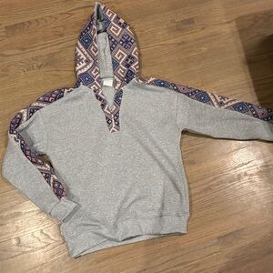 Gray Hoodie with Patterned Trim